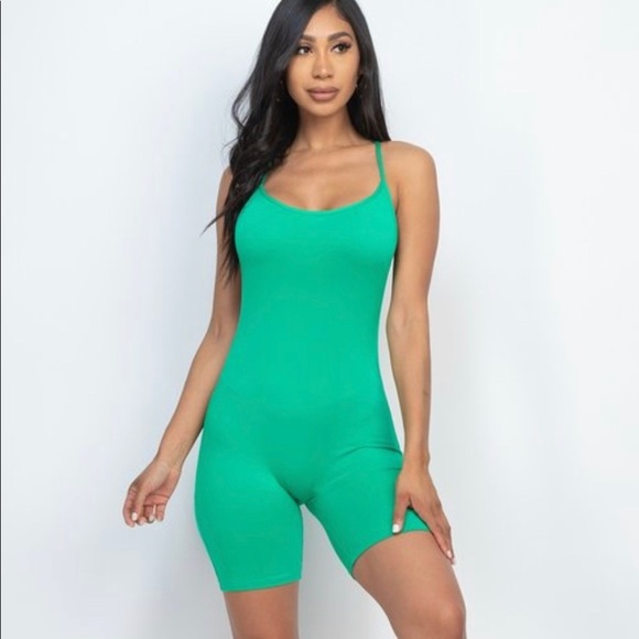 New Trendy Women’s Kelly Green Spaghetti Strap Cross Back Bodycon Romper - Picture 4 of 7